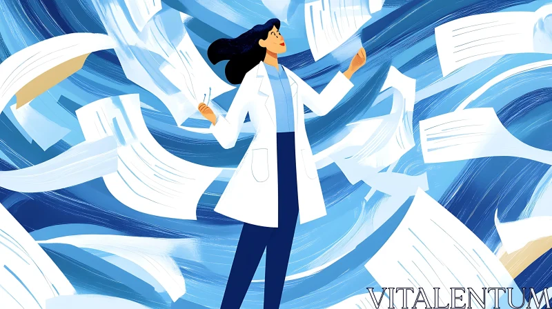 AI ART Woman in Lab Coat with Floating Papers