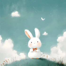Cute Bunny with Bow on Green Hill