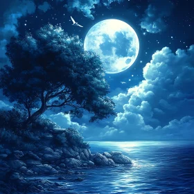 Night Seascape with Moon and Tree