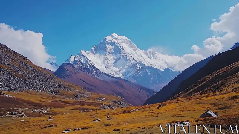 Snowy Mountain and Golden Field View AI Image