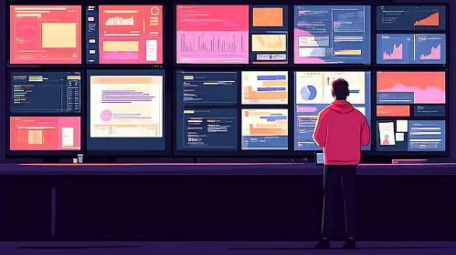 Man Overseeing Data on Multiple Monitors