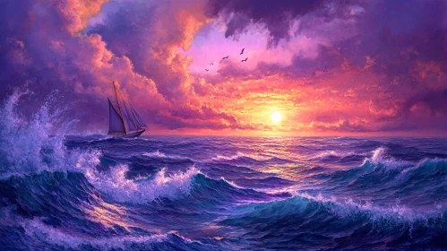 Ocean Sunset with Sailboat