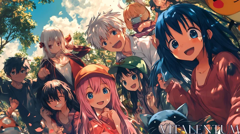 Anime Friends Group in a Lush Green Setting AI Image