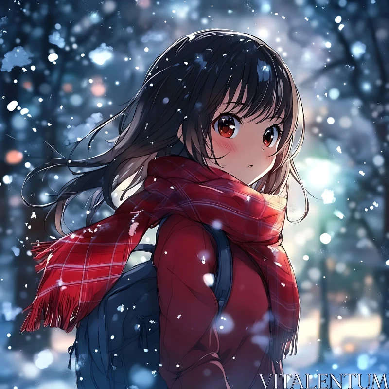 Snowy Winter Day with Anime Girl in Red Scarf AI Image