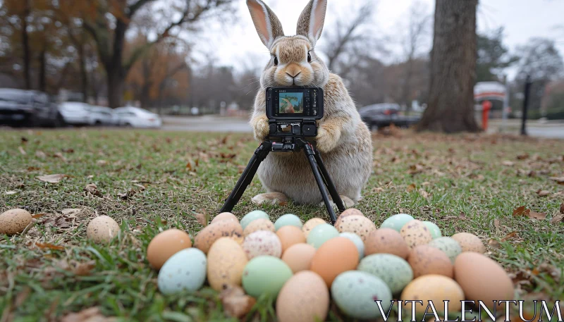 Rabbit Holding Camera Among Easter Eggs AI Image