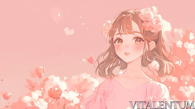 Floral Anime Girl Portrait in Soft Pink AI Image