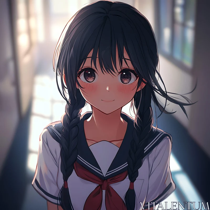 Anime School Girl with Braids in Gentle Light AI Image