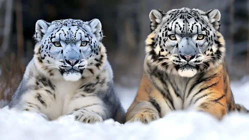 Two Big Cats in Winter Snow