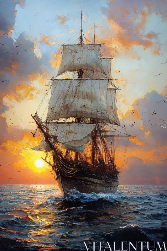 AI ART Grand Sailboat on Ocean at Dusk