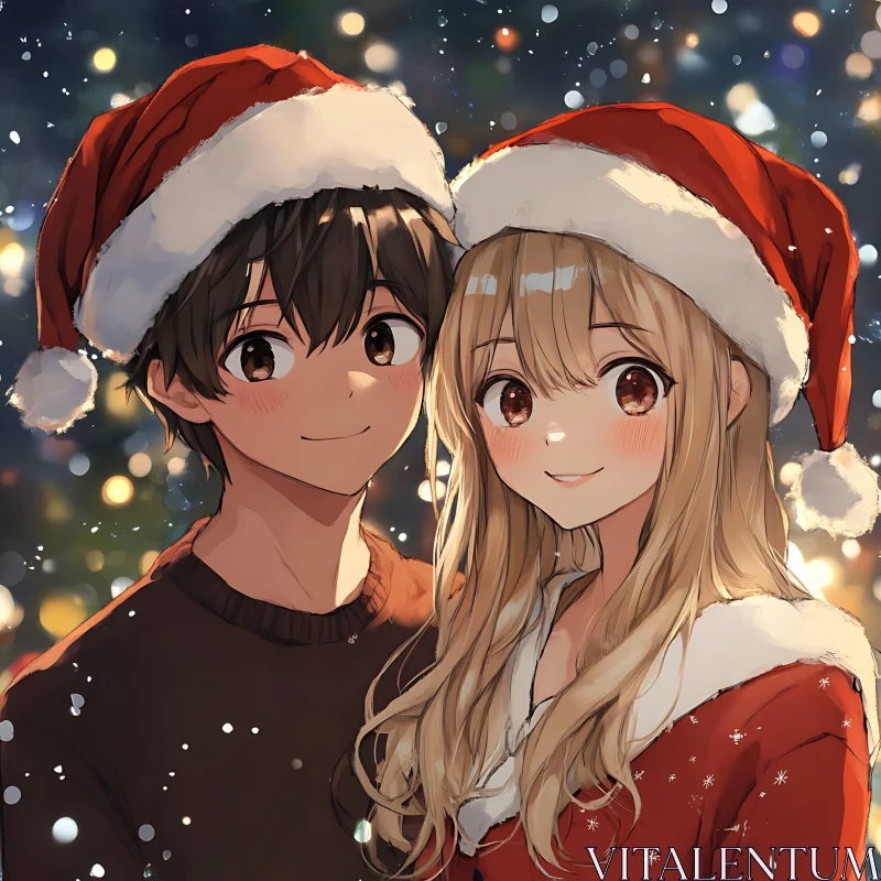 Festive Anime Couple in Santa Hats AI Image