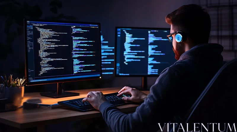 Man Coding on Dual Monitors AI Image