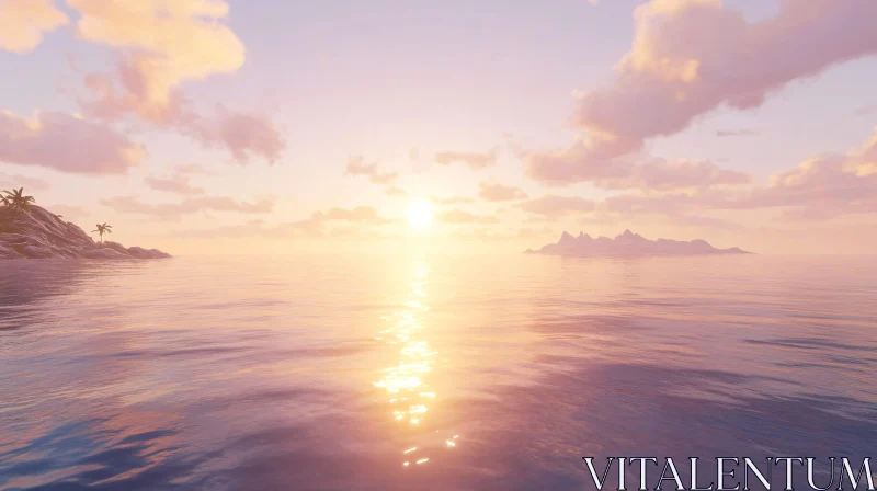 Golden Sunset Over the Ocean with Distant Island AI Image