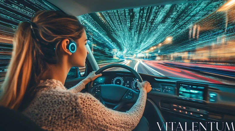 AI ART Woman Driving Car in Tunnel of Light