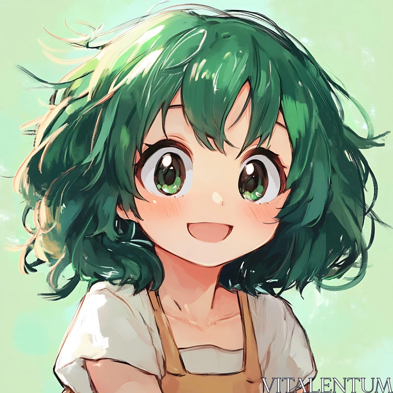 Smiling Anime Character with Green Hair AI Image