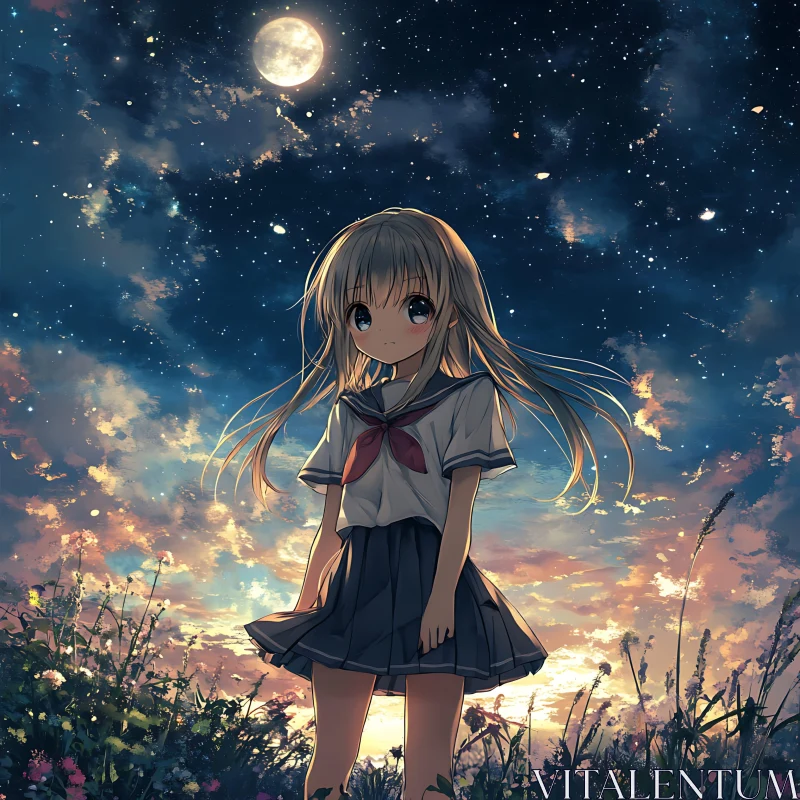 Girl in School Uniform with Night Sky Background AI Image