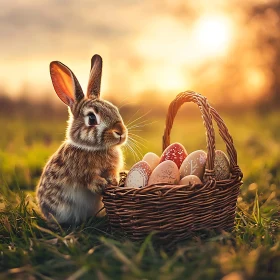 Rabbit and Decorated Eggs in Basket