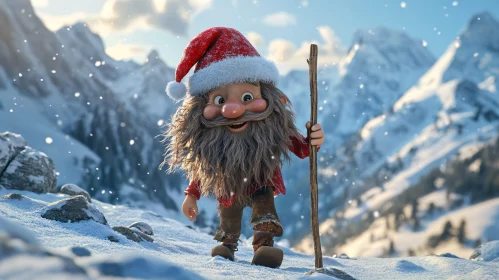 Festive Gnome in Snow-Covered Mountains