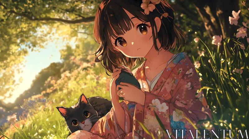 Serene Anime Scene with Girl and Cat in Nature AI Image