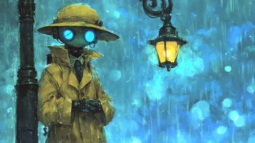 Steampunk Robot in Rainy Cityscape