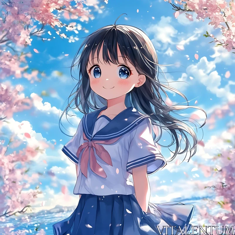 Anime Girl with Sailor Uniform Amidst Blossoms AI Image