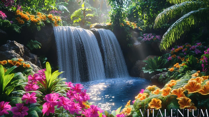 AI ART Tropical Paradise with Cascading Waterfall