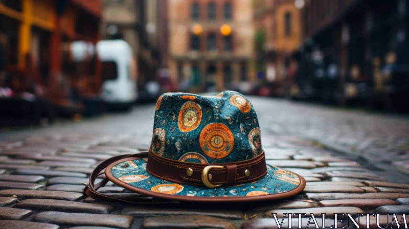 Captivating Vintage Fedora Hat on Cobblestone Street AI Image