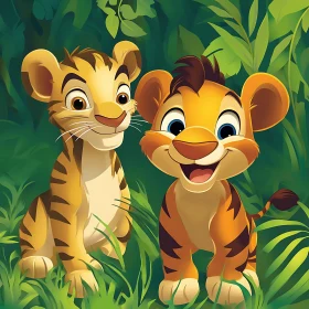 Cartoon Tiger Cubs in Greenery