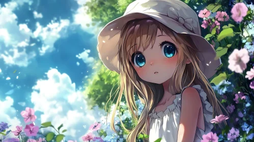 Anime Girl Surrounded by Flowers in Sunlight