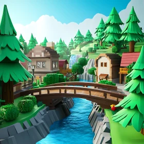 Stylized Village Scene with Wooden Bridge