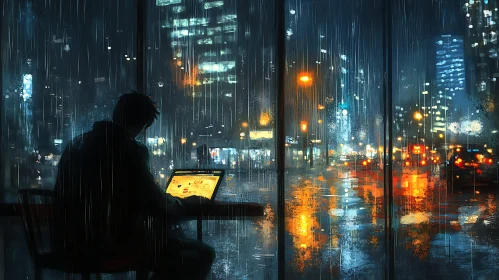 Night Cityscape Through Rain-Streaked Window