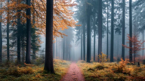 Foggy Forest with Autumn Leaves and Serene Path