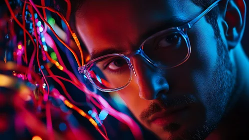 Man with Glasses in Neon Light