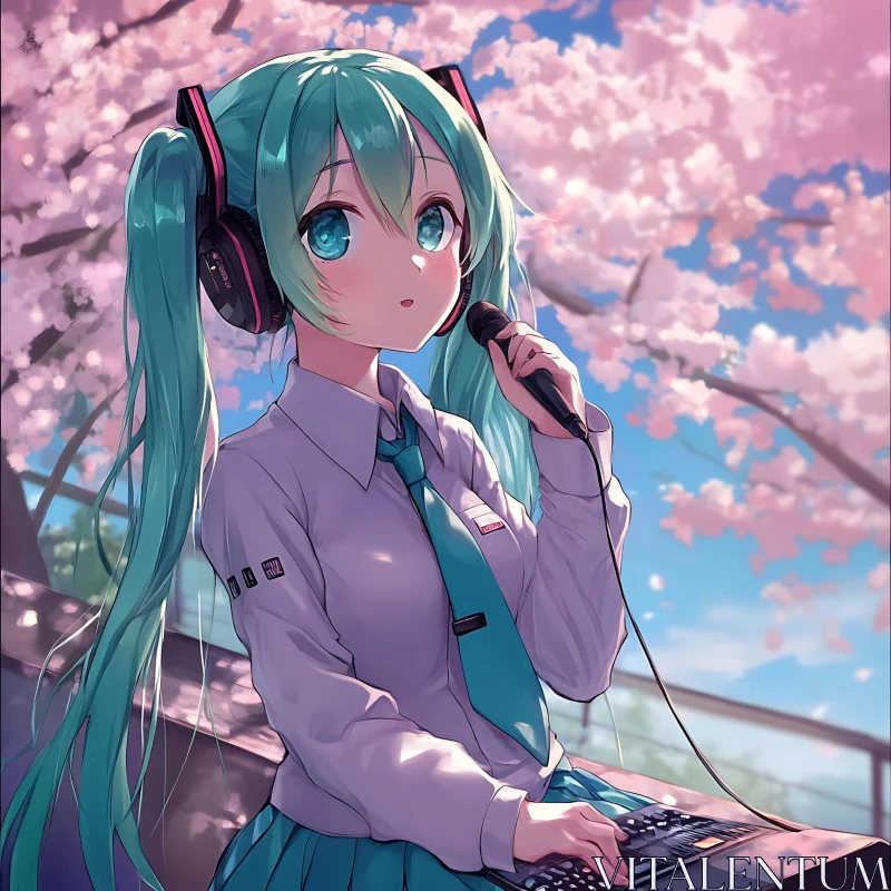 AI ART Anime Vocalist in Cherry Blossom Setting