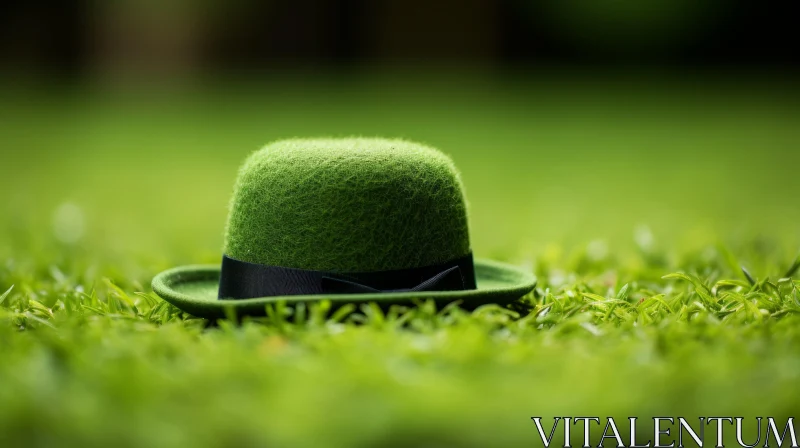 Green Top Hat on Grass - Captivating Monochromatic Scene AI Image