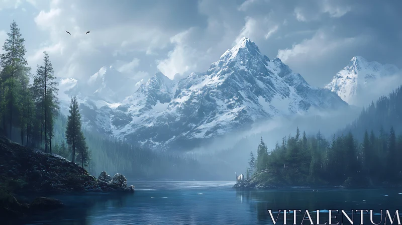 Peaceful Mountain Lake Landscape AI Image