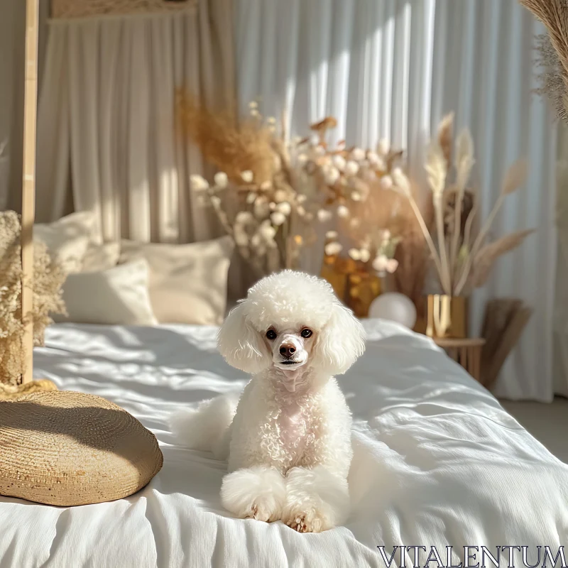 Fluffy Poodle in a Warm and Inviting Bedroom Setting AI Image