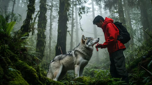 Wolf and Man in Forest