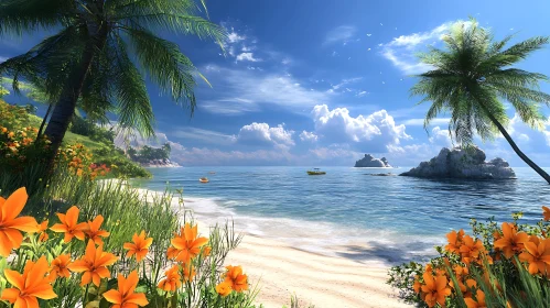 Tropical Beach Paradise with Orange Flowers