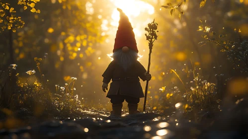 Gnome in Sunlit Forest