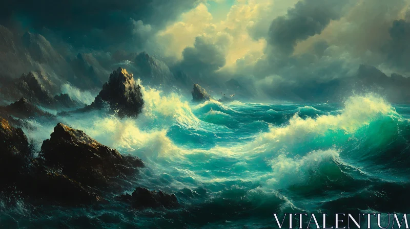 Stormy Ocean Waves and Coastal Rocks AI Image