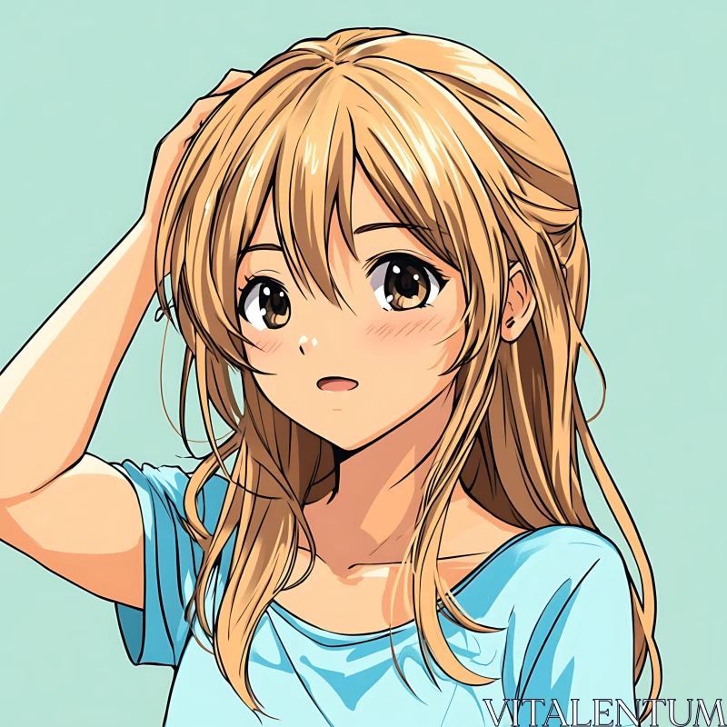 Anime Art: Blonde Girl with Big Brown Eyes AI Image