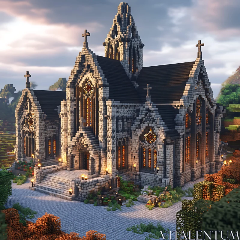 Minecraft Gothic Church at Sunset AI Image