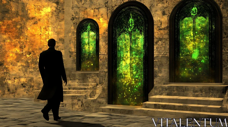 Arched Green Doors in Old Structure AI Image