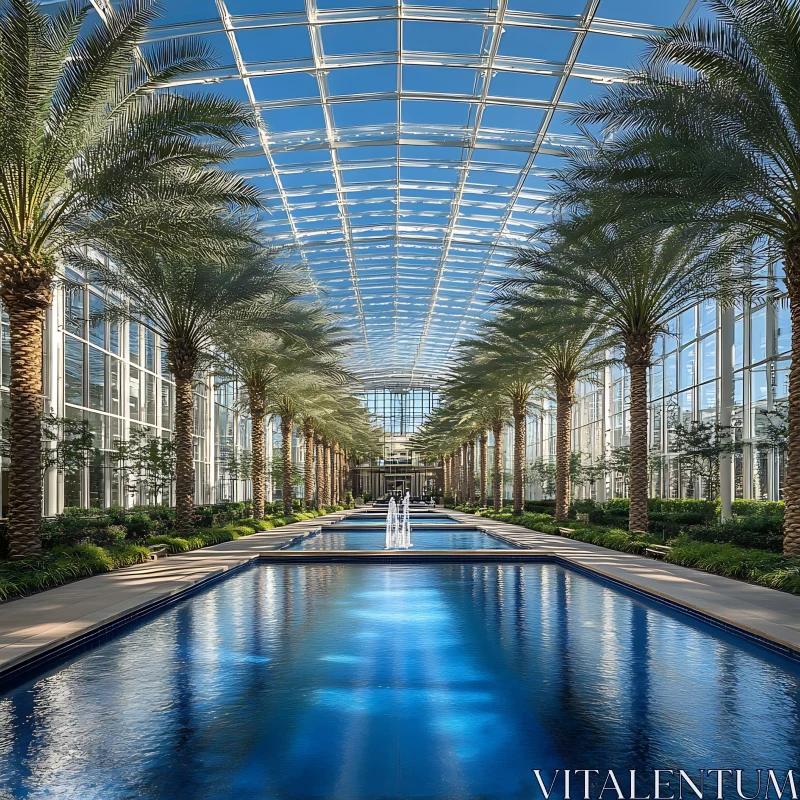 Indoor Conservatory with Palm Trees and Glass Ceiling AI Image