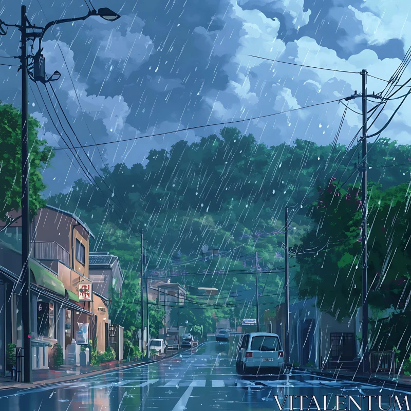 Detailed Urban Rainy Weather Illustration AI Image