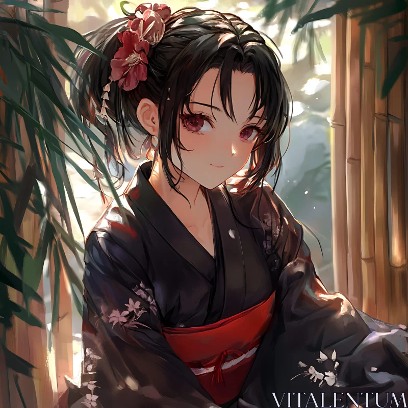 Serene Anime Girl in Floral Kimono with Red Eyes AI Image