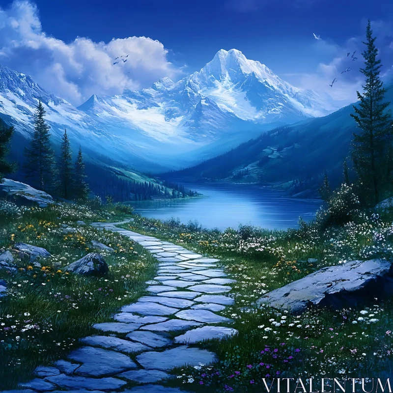 Scenic Mountain Lake Path View AI Image