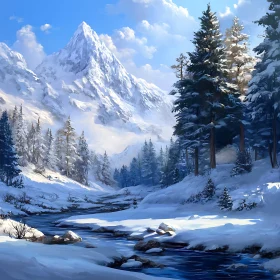 Winter Mountain Scene with River