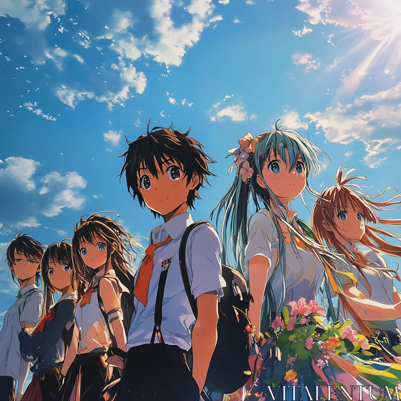 Group of Anime Students with Flowers and Blue Sky AI Image