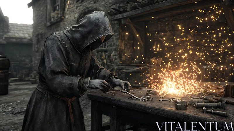 Hooded Man Crafting Keys AI Image